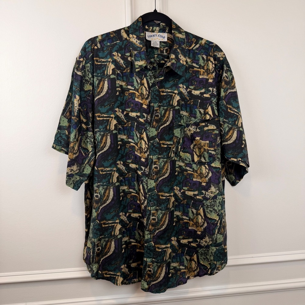 Lucky Star Mens 100% Silk Abstract Geometric Print Short Sleeve Shirt Large